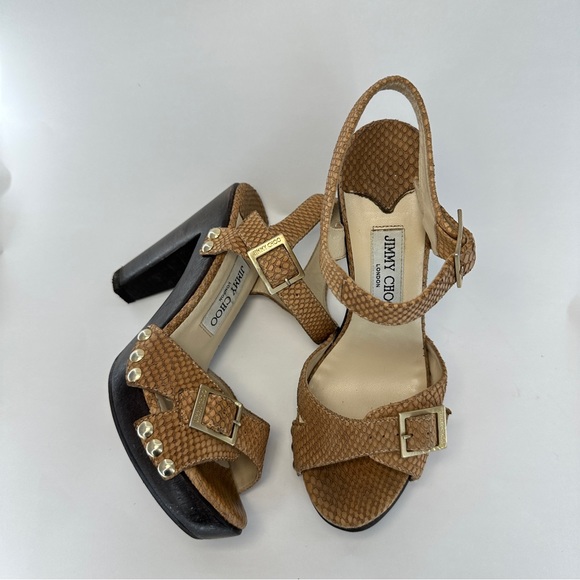 JIMMY CHOO Leather Snake Embossed Tan and Brown Wood High Heels. Size 38 US 8 - Picture 3 of 15